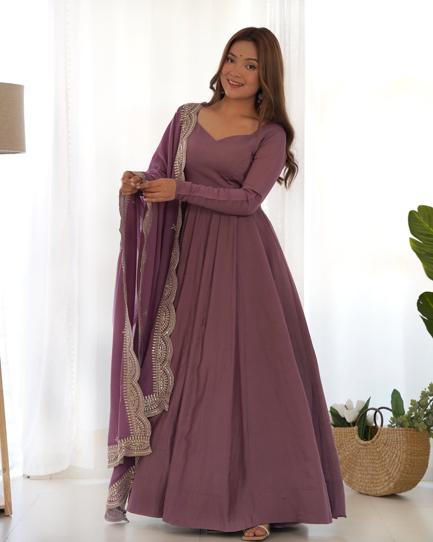 Decent Wine And Mustard Roman Silk Anarkali Gown