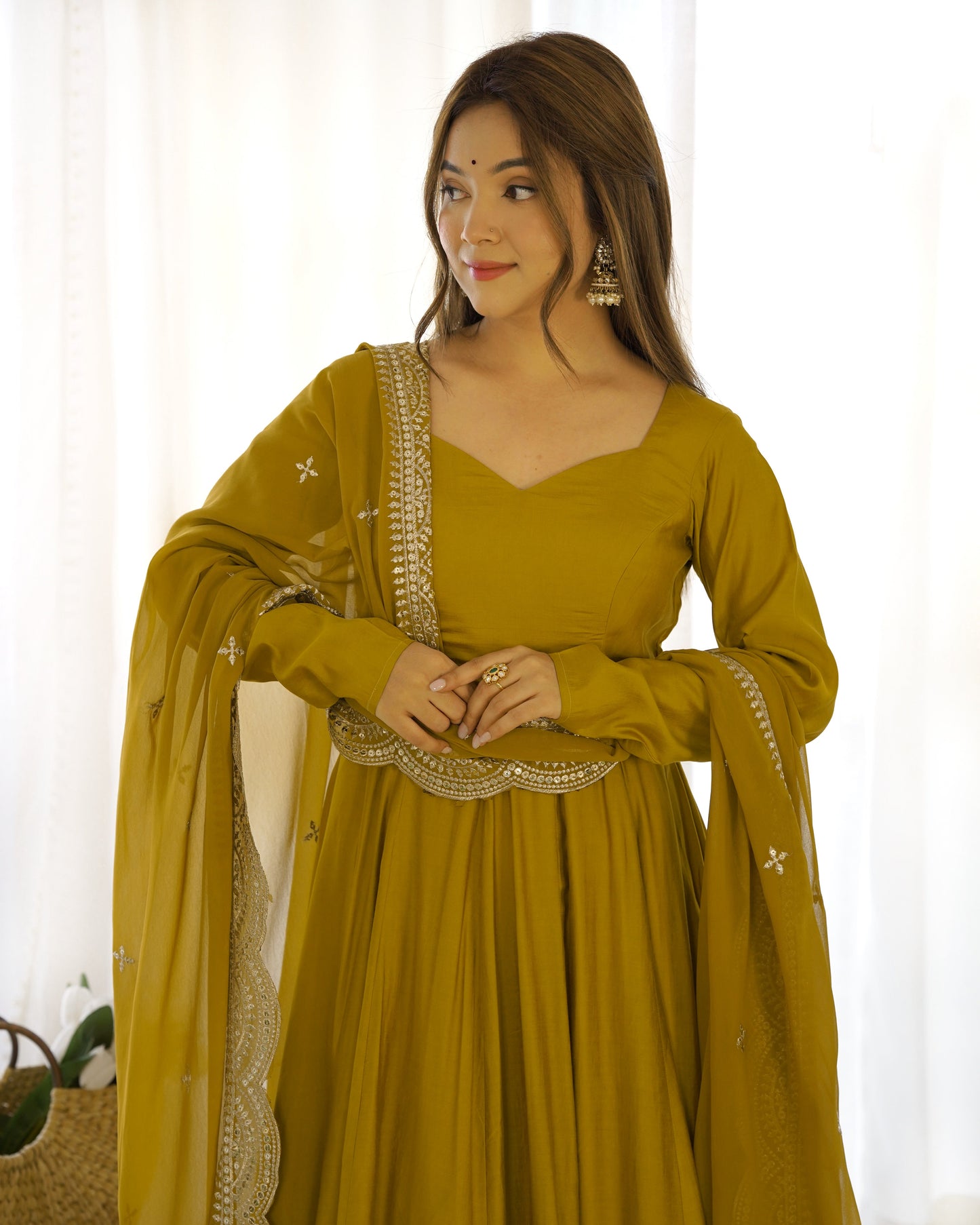 Decent Wine And Mustard Roman Silk Anarkali Gown