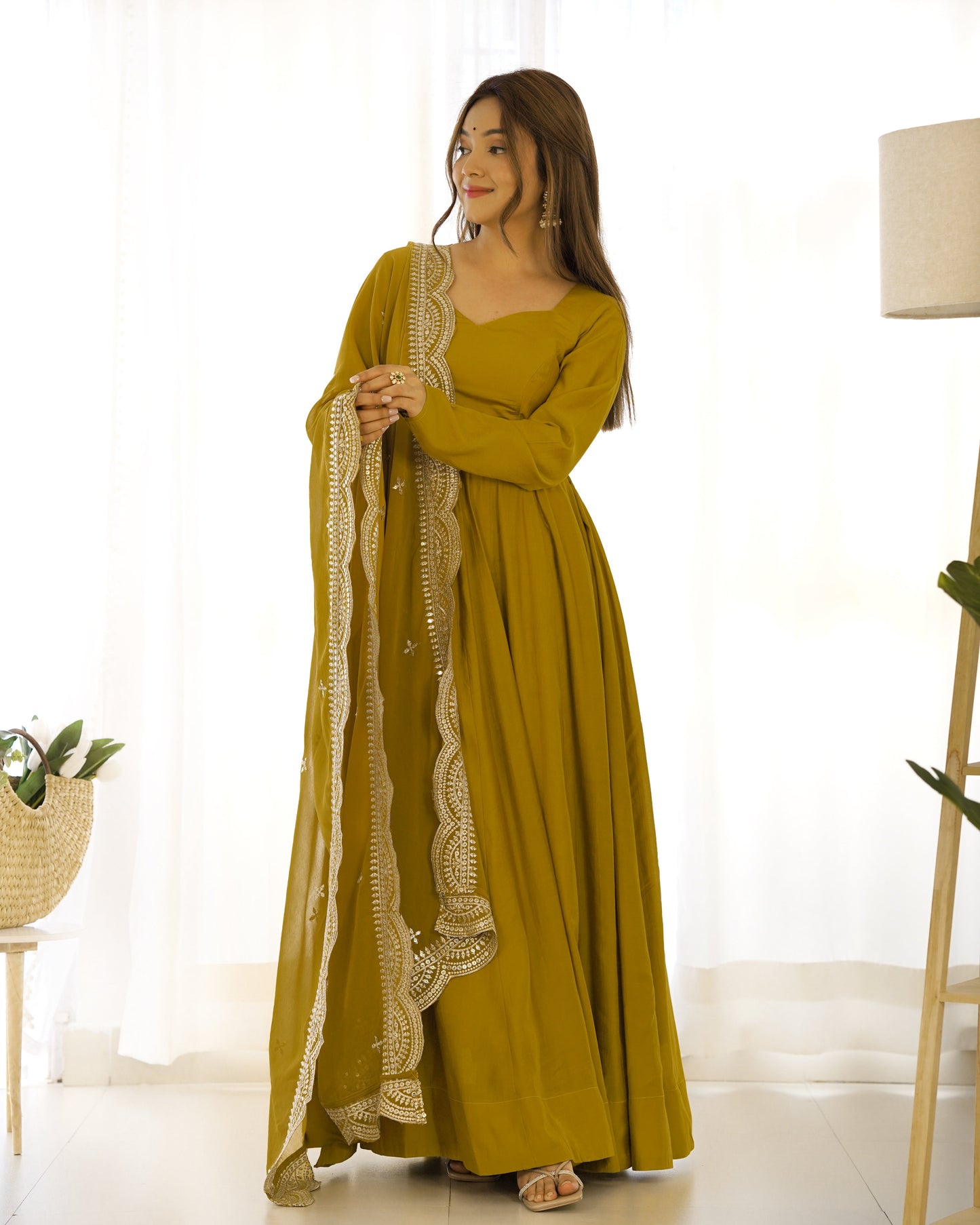 Decent Wine And Mustard Roman Silk Anarkali Gown