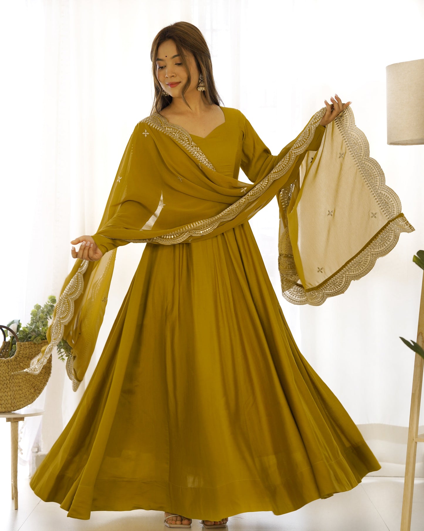 Decent Wine And Mustard Roman Silk Anarkali Gown