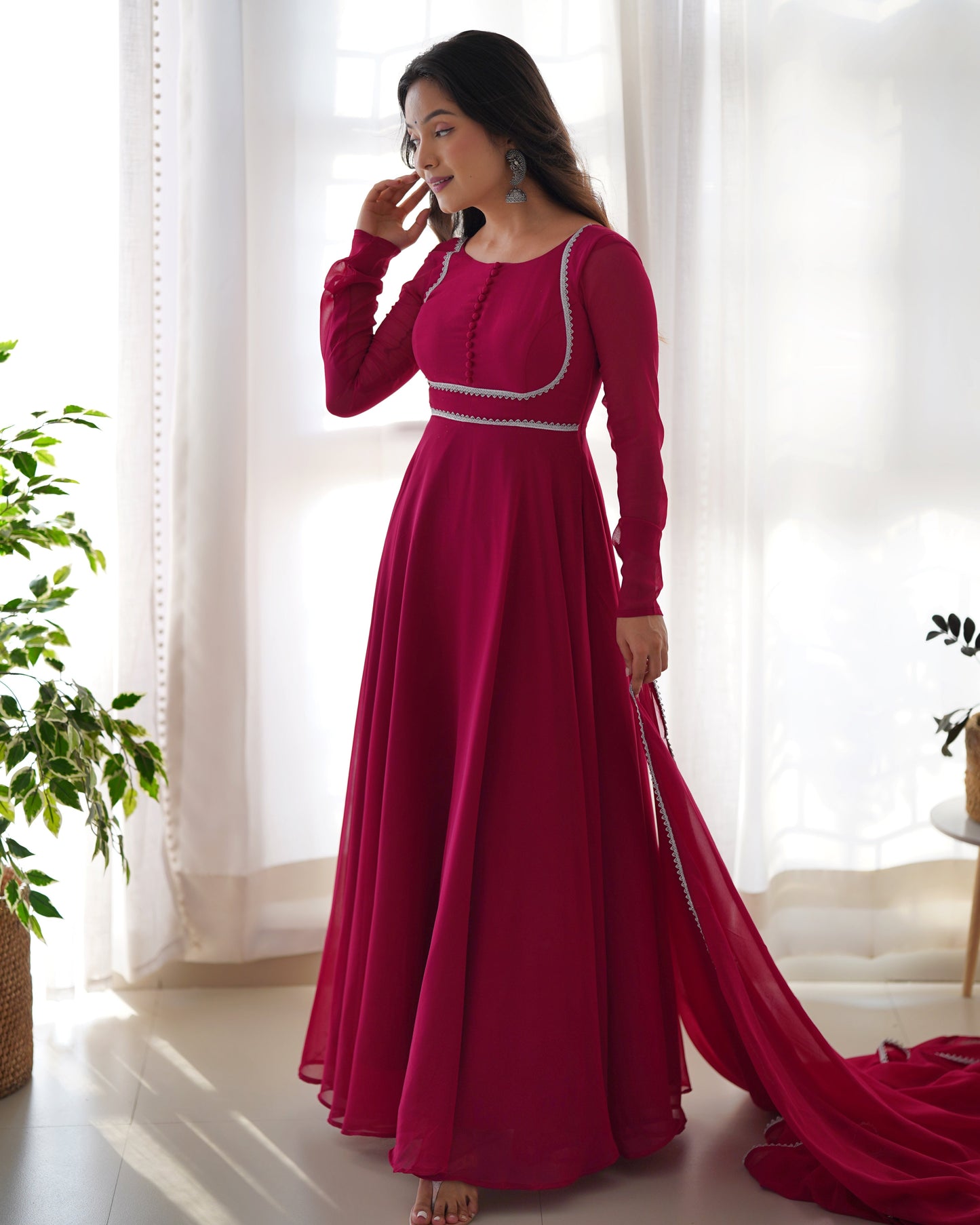 Delightful Georgette Wine And Pink Color Ready To Wear Gown