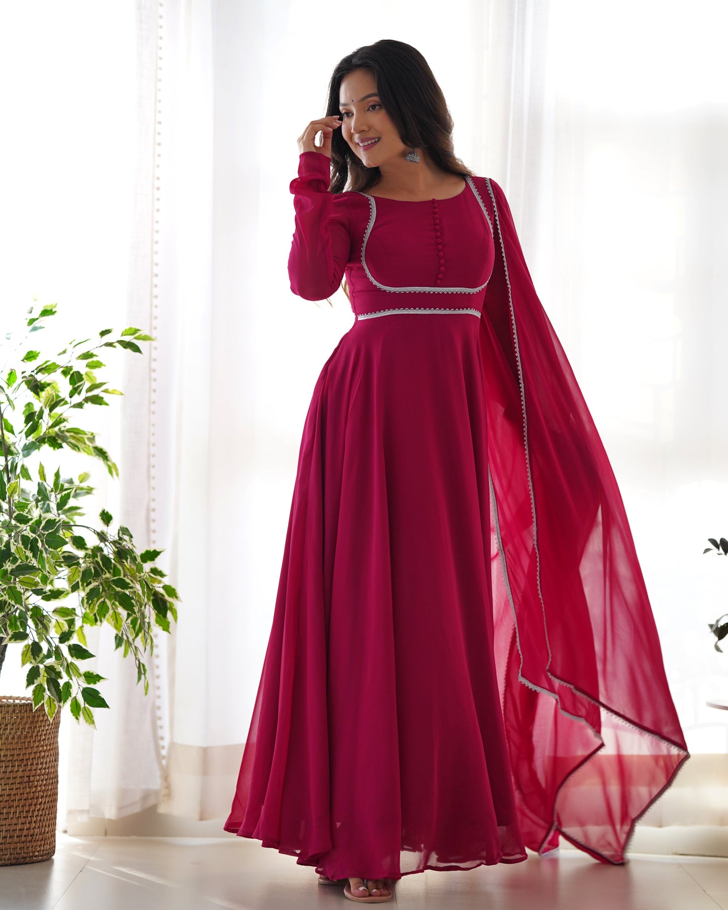 Delightful Georgette Wine And Pink Color Ready To Wear Gown