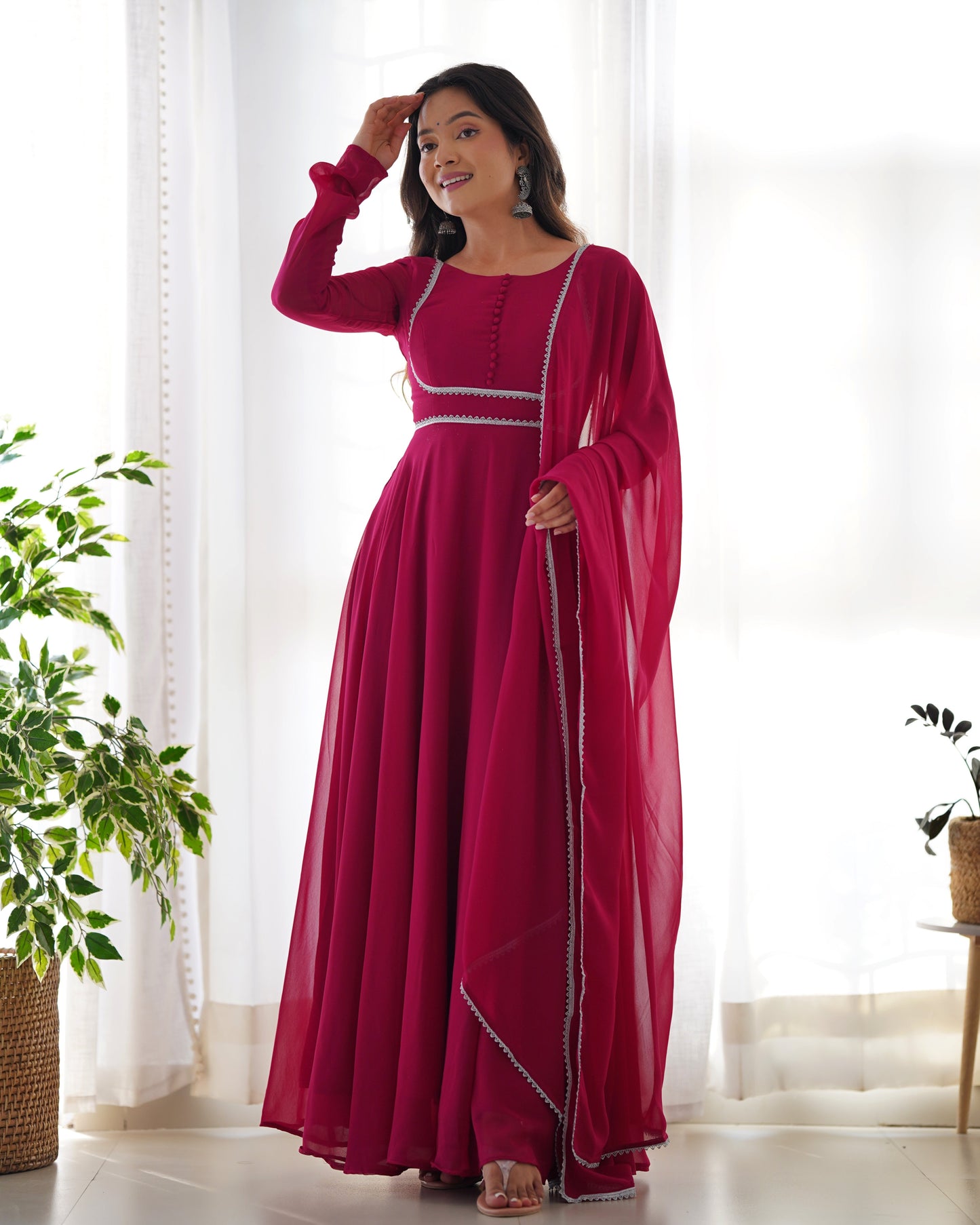 Delightful Georgette Wine And Pink Color Ready To Wear Gown