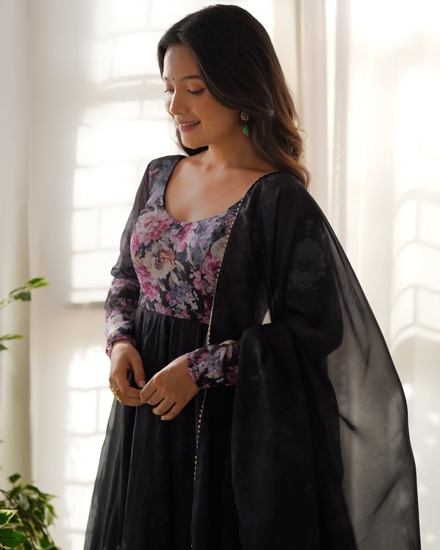 Precious Black, Pink, Wine, And Aqua Blue Color Organza Silk Print Anarkali Suit Set