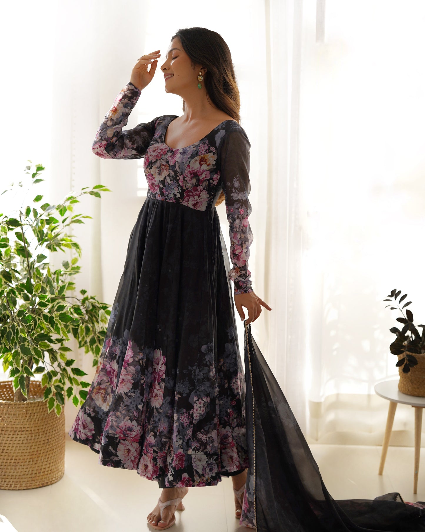 Precious Black, Pink, Wine, And Aqua Blue Color Organza Silk Print Anarkali Suit Set