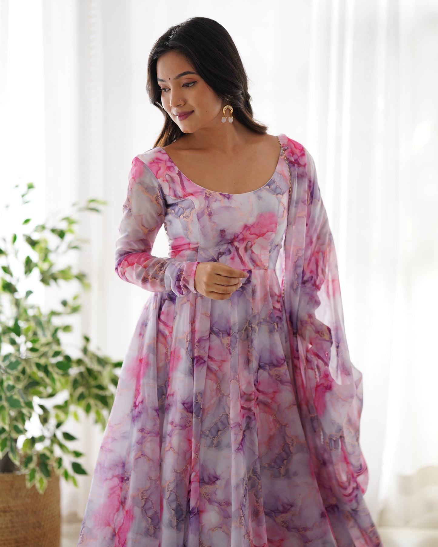 Beautiful Pink Color Organza Silk Print Anarkali Suit Set