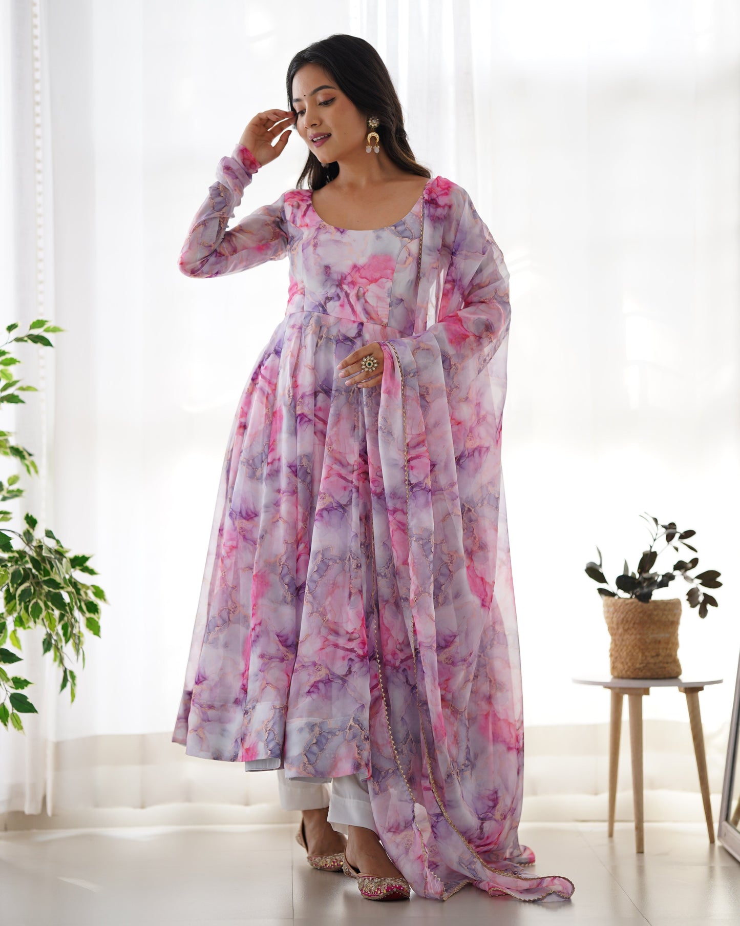 Beautiful Pink Color Organza Silk Print Anarkali Suit Set