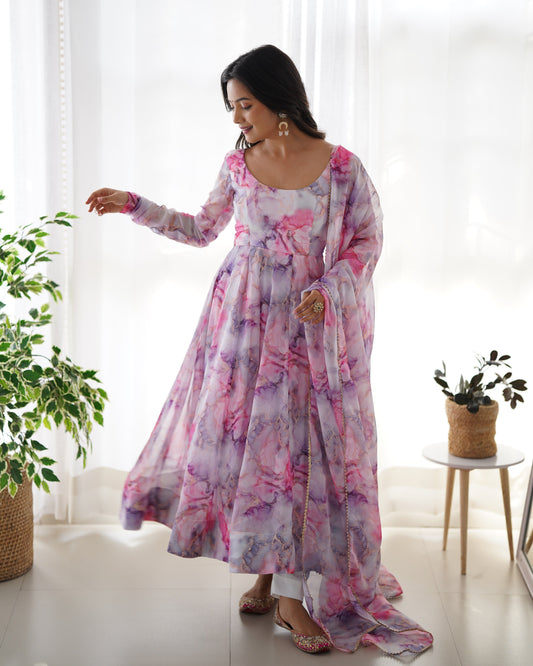 Beautiful Pink Color Organza Silk Print Anarkali Suit Set