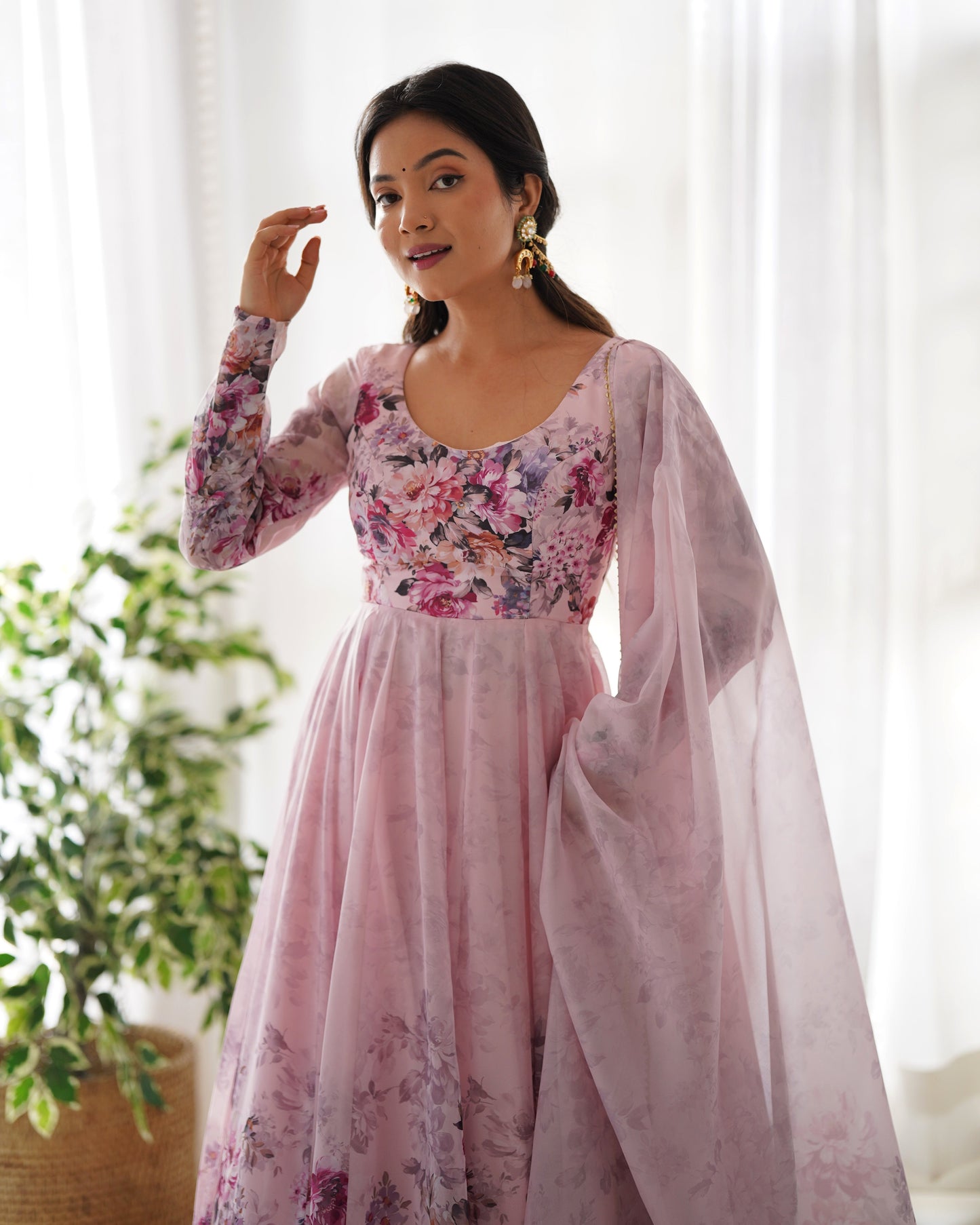 Precious Black, Pink, Wine, And Aqua Blue Color Organza Silk Print Anarkali Suit Set