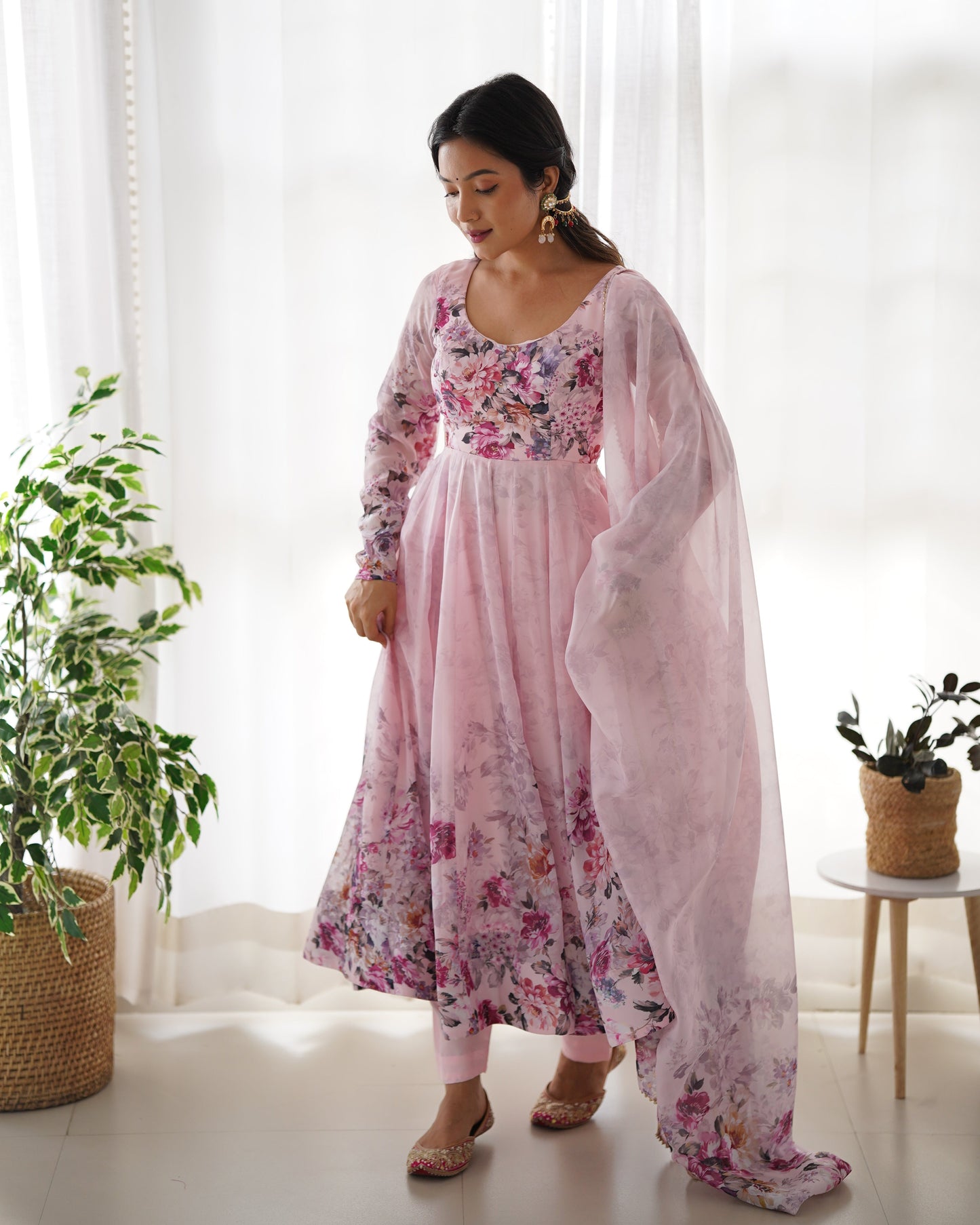 Precious Black, Pink, Wine, And Aqua Blue Color Organza Silk Print Anarkali Suit Set