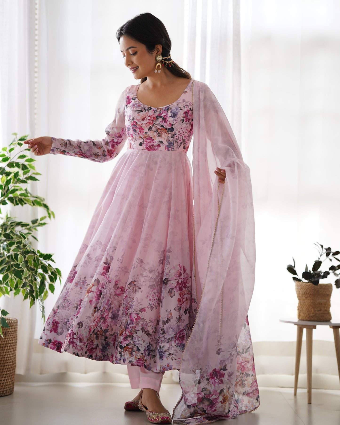 Precious Black, Pink, Wine, And Aqua Blue Color Organza Silk Print Anarkali Suit Set