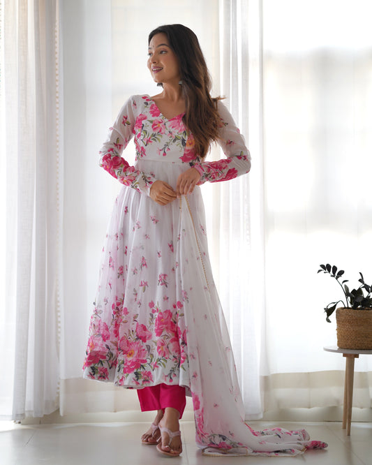 Fashionable Organza Silk White Color Anarkali Gown