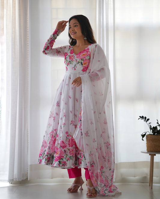 Fashionable Organza Silk White Color Anarkali Gown