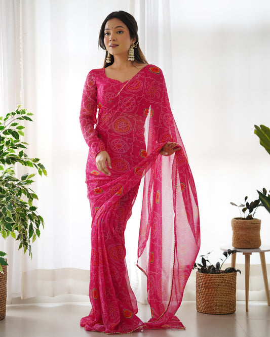 Party Wear Chiffon Pink Color Bandhej Ready To Wear Saree