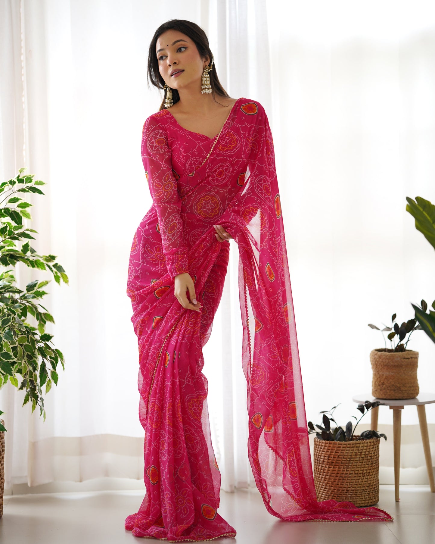Party Wear Chiffon Pink Color Bandhej Ready To Wear Saree