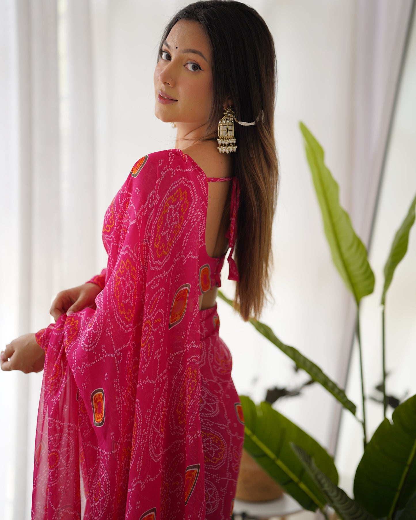 Party Wear Chiffon Pink Color Bandhej Ready To Wear Saree