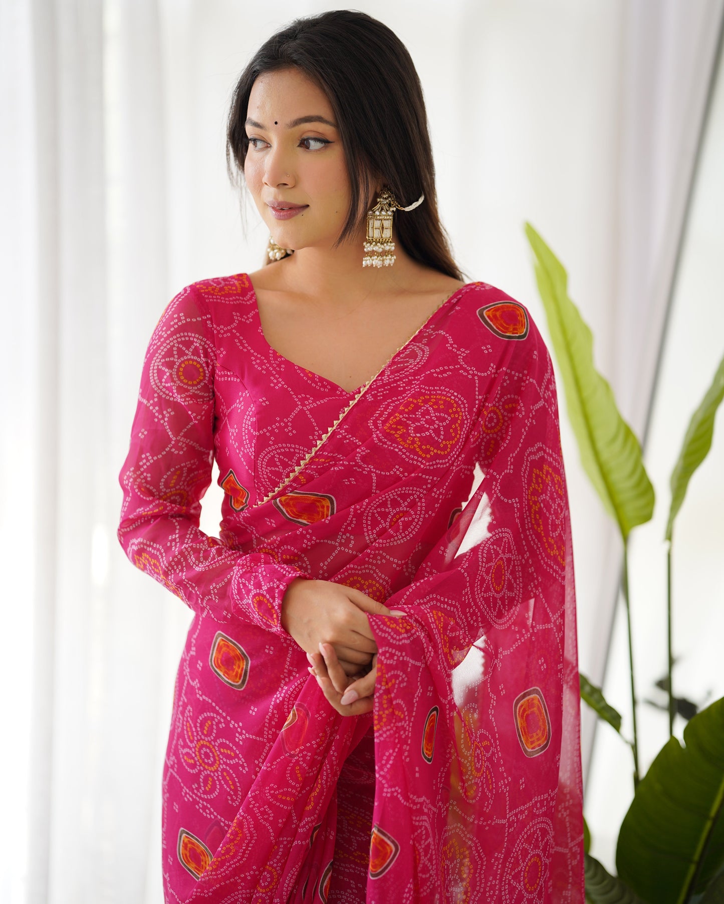 Party Wear Chiffon Pink Color Bandhej Ready To Wear Saree