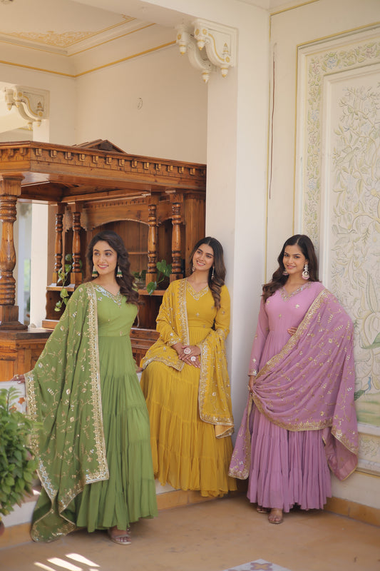Luxuriant Ruffle Mehndi, Sky Blue, Yellow And Lavendar Color Gown