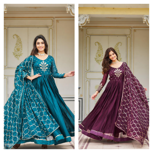 Awesome Rangoli Embroidery Work Teal Blue & Wine Color Gown