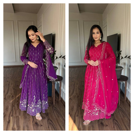 Delightful Embroidery Work Purple & Pink Color Gown