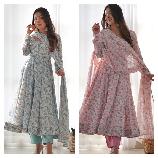 Unique Chiffon Floral Print Sky Blue And Pink Color Anarkali Suit