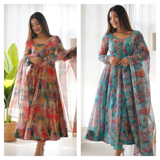Captivating Sky And Red Color Organza Silk Print Anarkali Gown