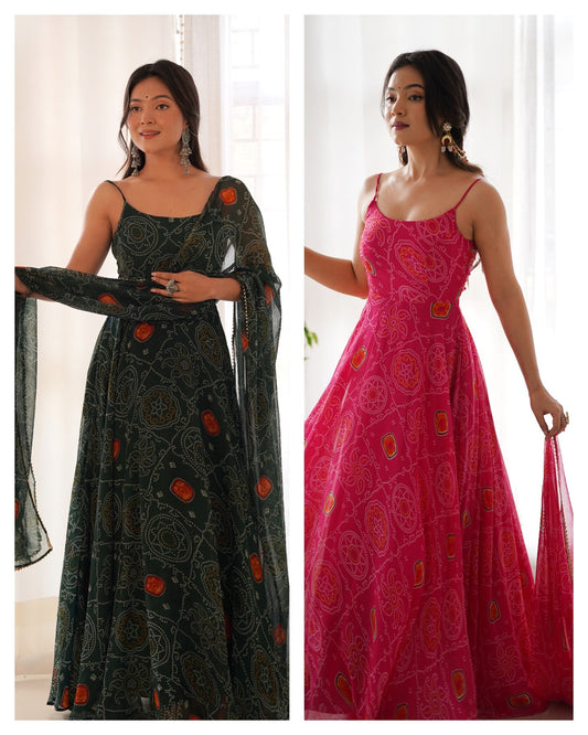 Fantastic Chiffon Bandhej Green And Pink Gown