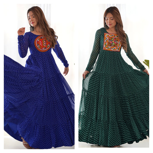 Wonderful Georgette Laheriya Print Blue And Green Color Gown