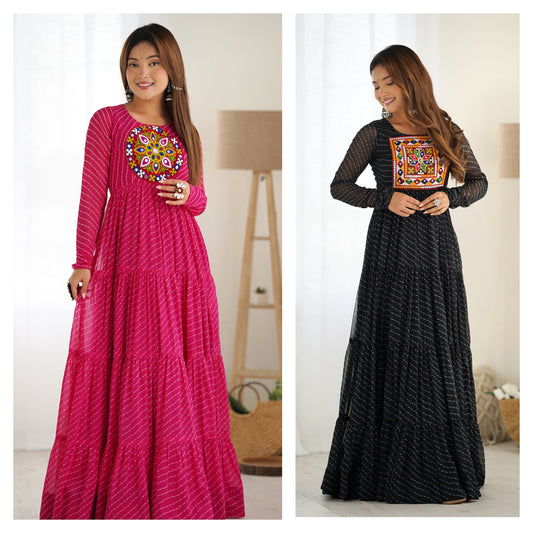 Wonderful Georgette Laheriya Print Pink And Black Color Gown