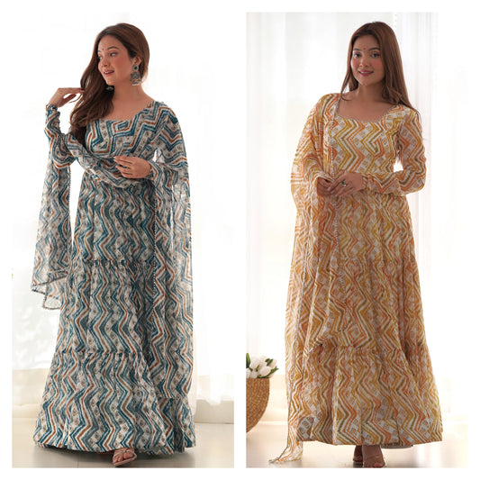 Classic Fox Georgette Zigzag Print Multi Sky Blue And Mustard Color Gown