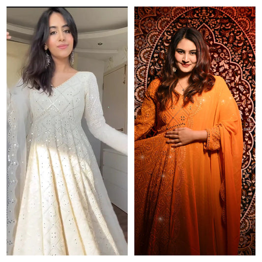 Function Wear Georgette White And Orange Color Anarkali Gown