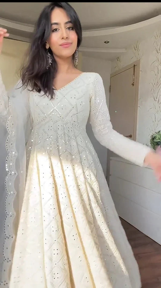 Function Wear Georgette White And Orange Color Anarkali Gown