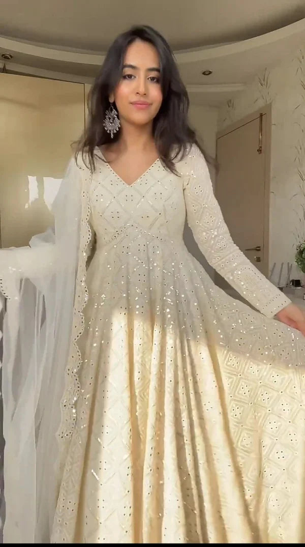 Function Wear Georgette White And Orange Color Anarkali Gown
