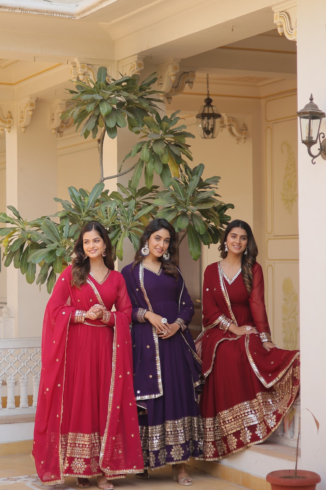 Outstanding Sequence Work Maroon, Pink And Wine Color Gown