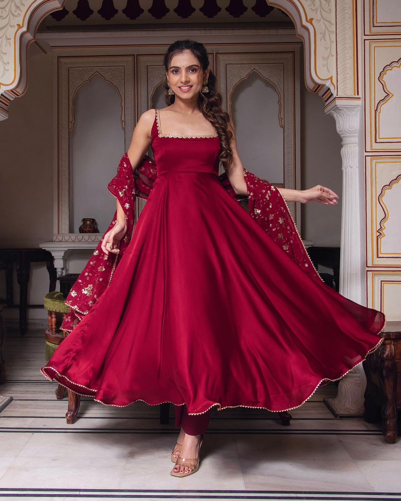 Presenting Red Color Plain Georgette Gown