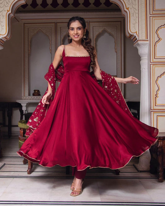 Presenting Red Color Plain Georgette Gown