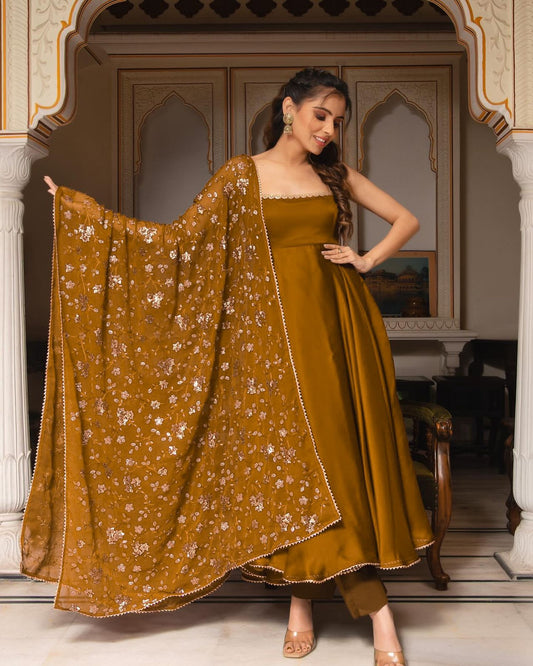 Presenting Yellow Color Plain Georgette Gown