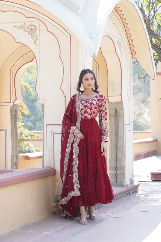 Festive Wear Red, Yellow And Purple Color Jacquard Work Gown