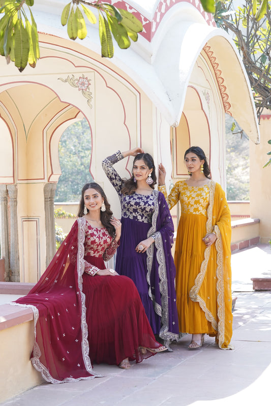 Festive Wear Red, Yellow And Purple Color Jacquard Work Gown