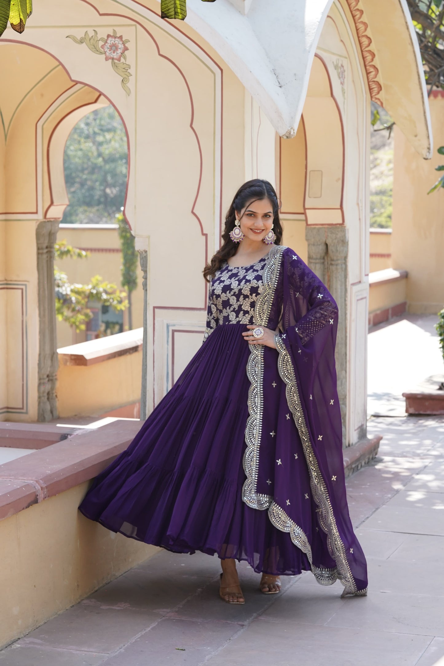 Festive Wear Red, Yellow And Purple Color Jacquard Work Gown