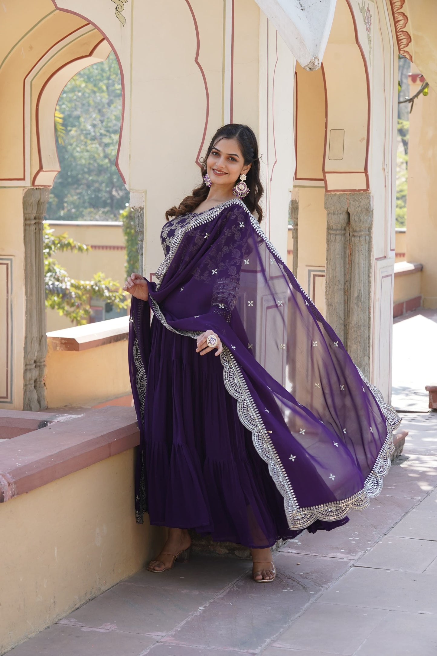 Festive Wear Red, Yellow And Purple Color Jacquard Work Gown