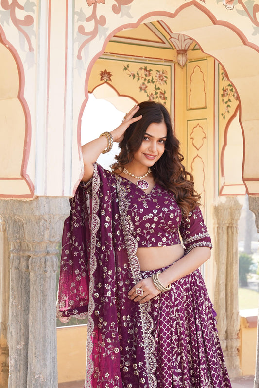 Delightful Jacquard Pink, Green And Wine Color Lehenga Choli