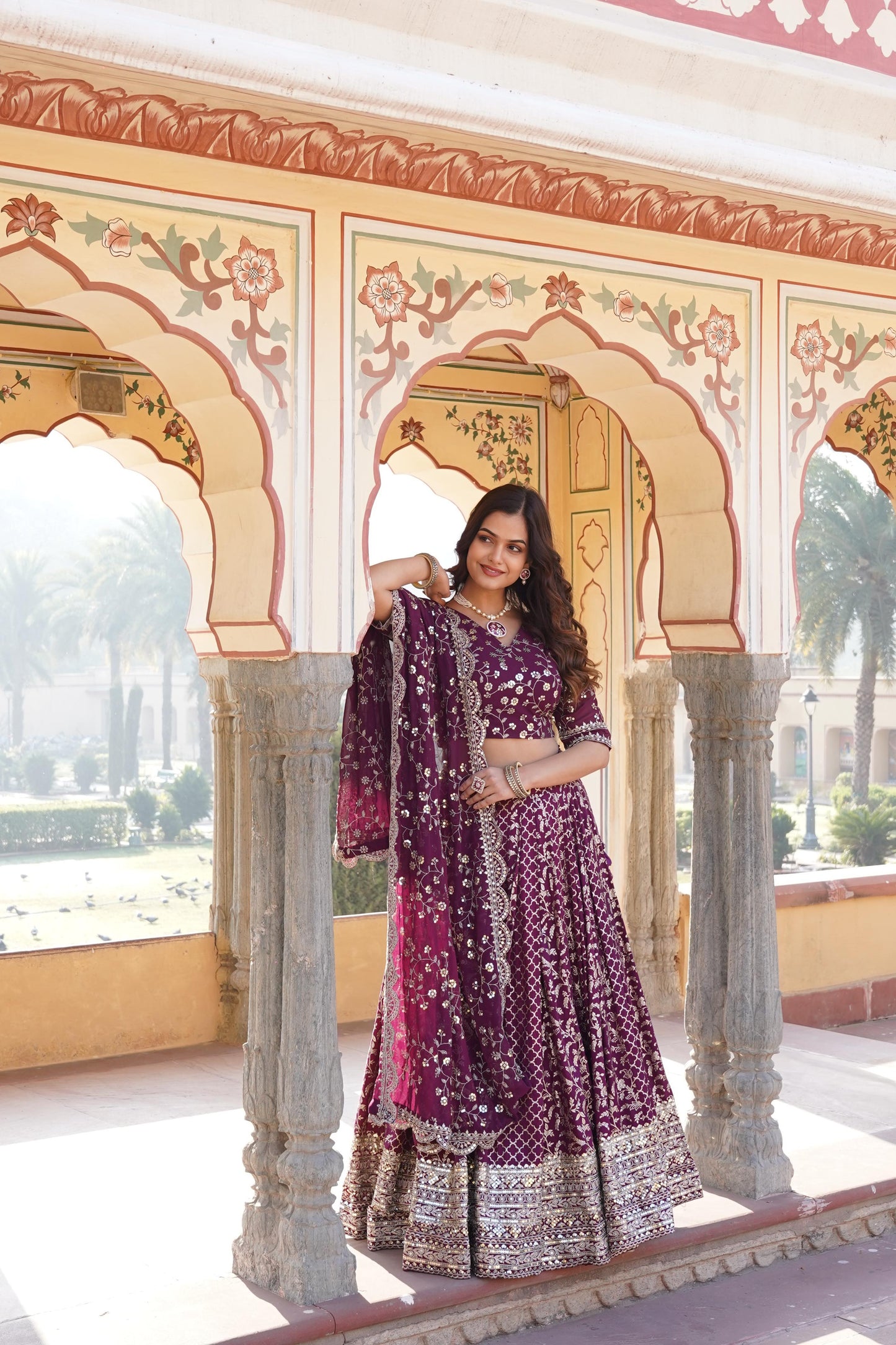 Delightful Jacquard Pink, Green And Wine Color Lehenga Choli
