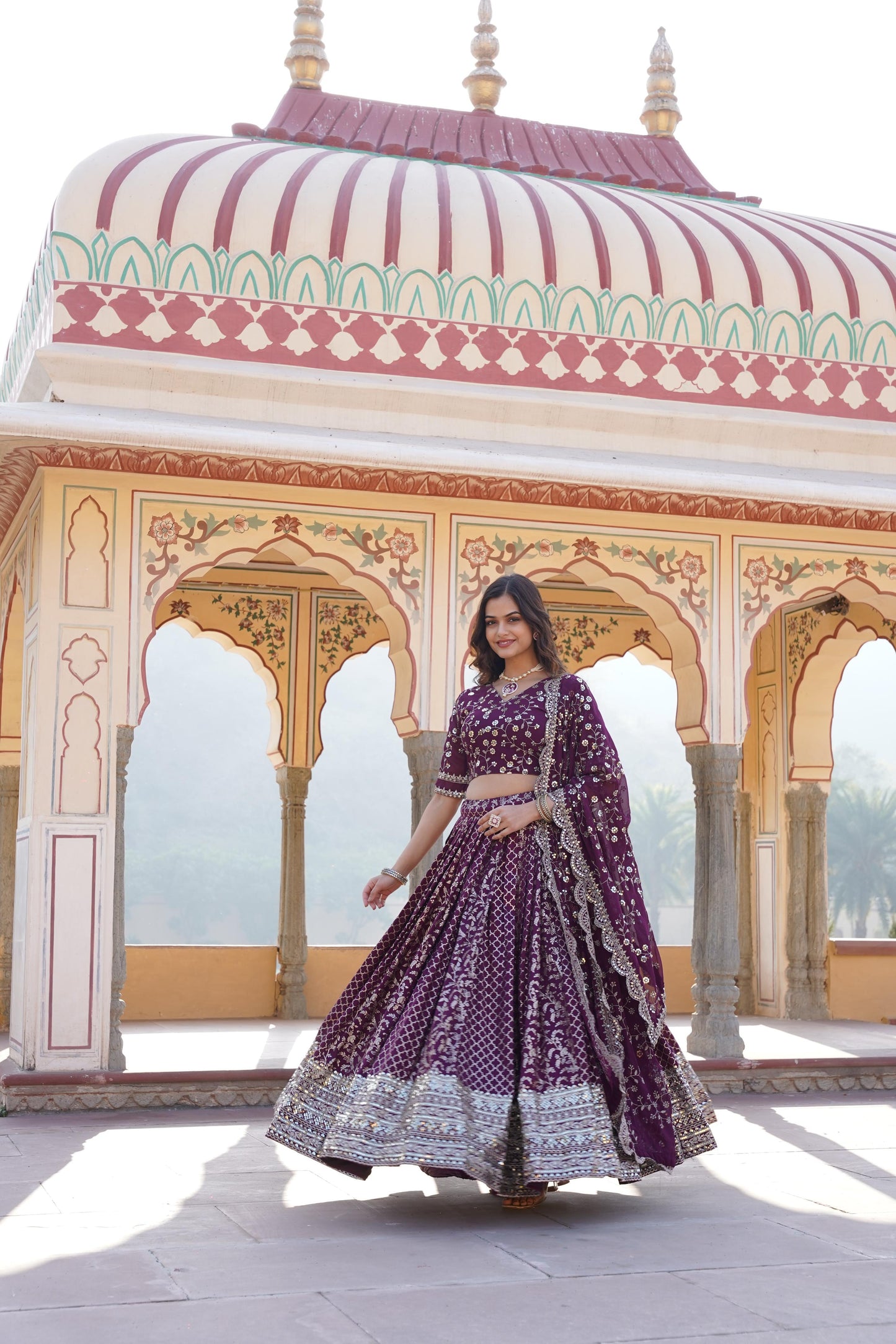 Delightful Jacquard Pink, Green And Wine Color Lehenga Choli