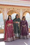 Delightful Jacquard Pink, Green And Wine Color Lehenga Choli