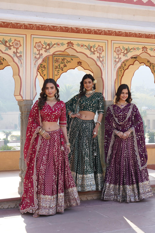 Delightful Jacquard Pink, Green And Wine Color Lehenga Choli