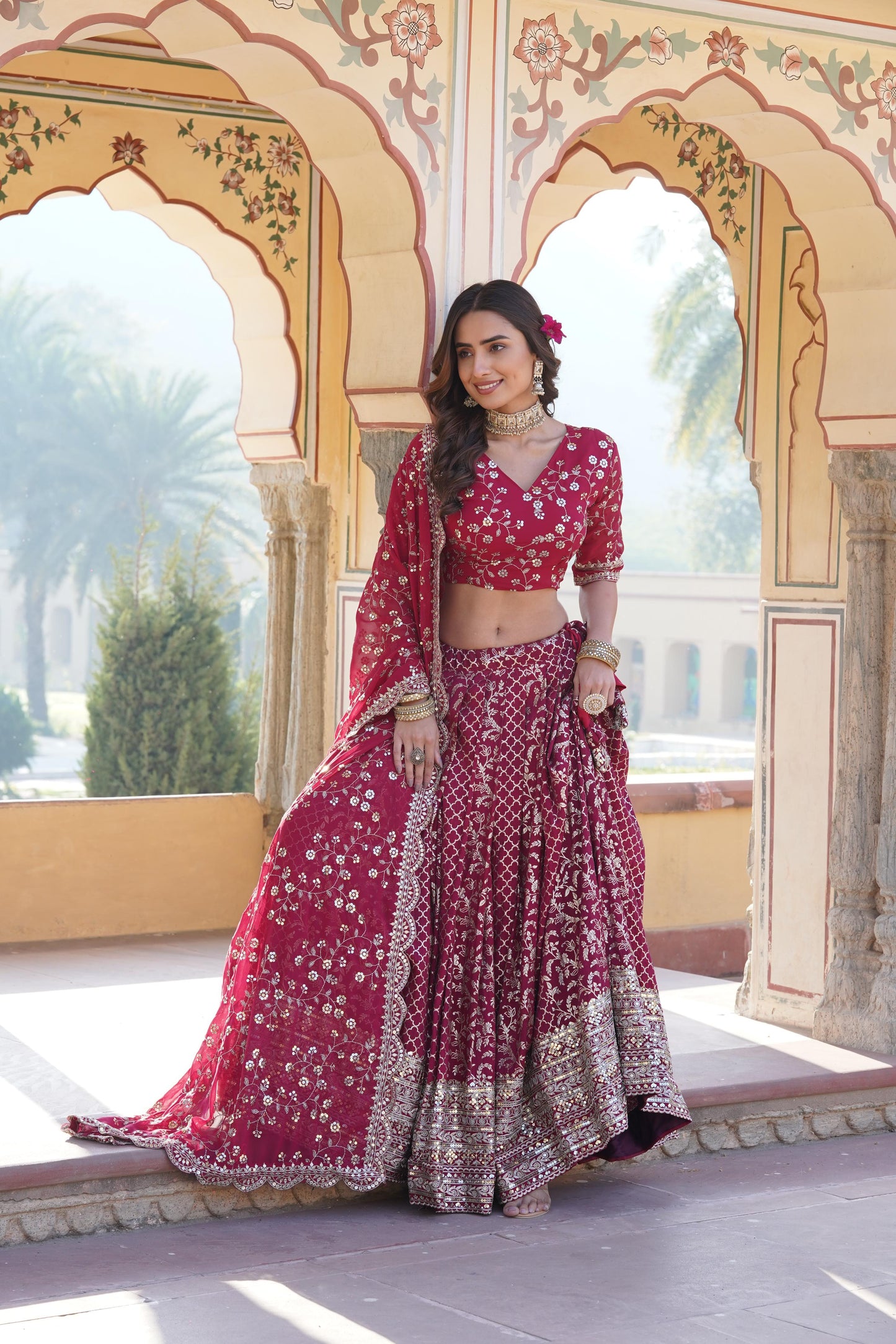 Delightful Jacquard Pink, Green And Wine Color Lehenga Choli