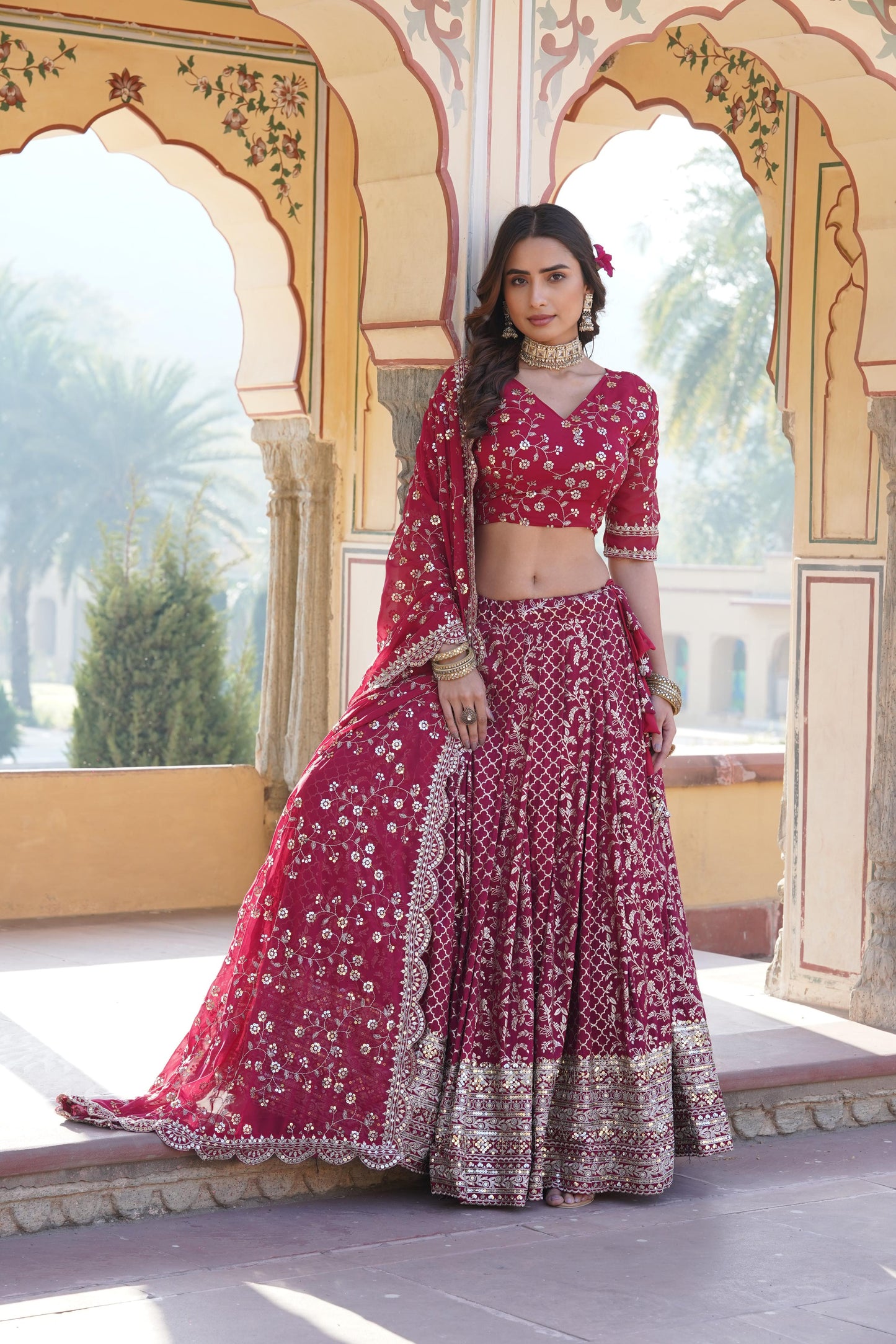 Delightful Jacquard Pink, Green And Wine Color Lehenga Choli