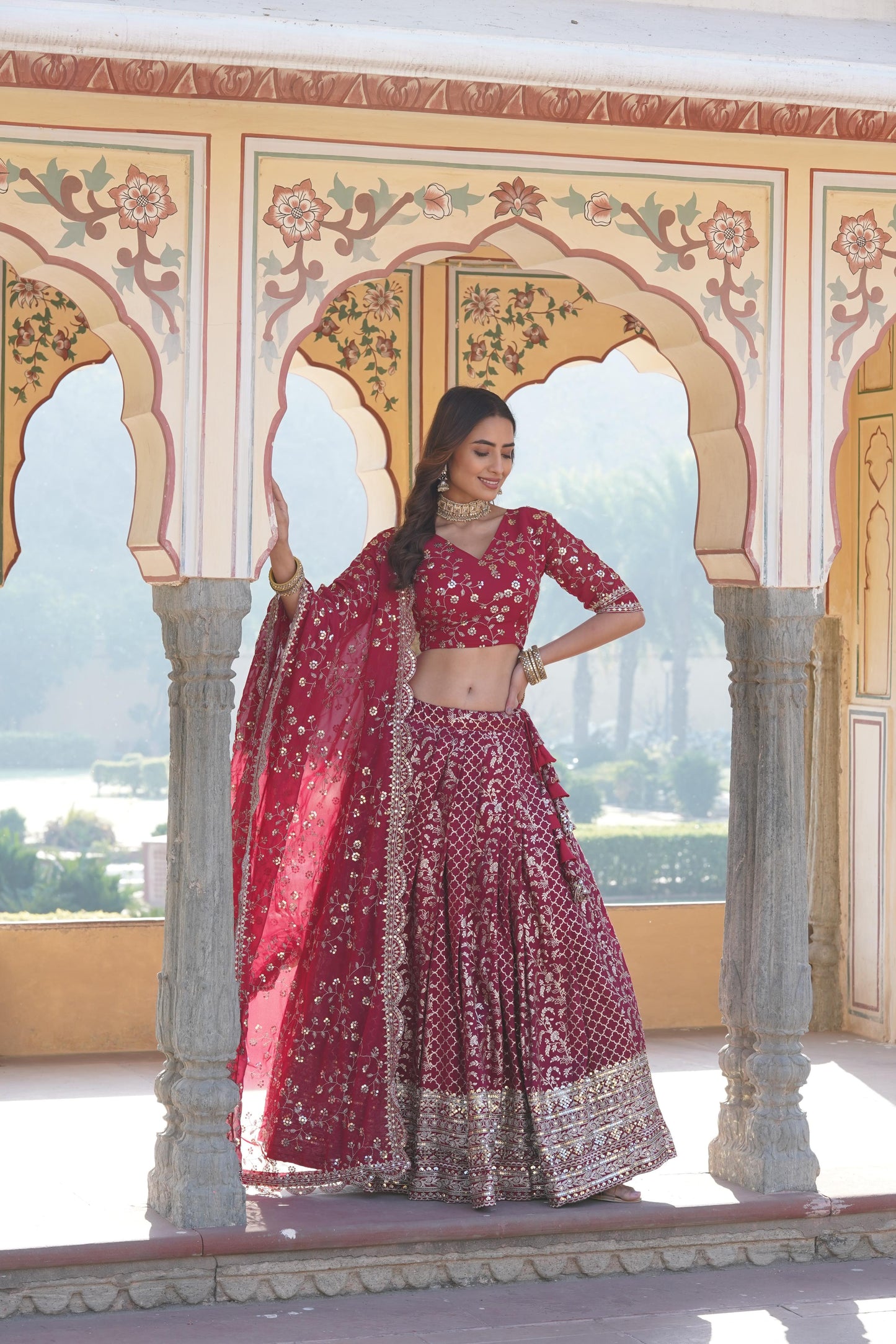 Delightful Jacquard Pink, Green And Wine Color Lehenga Choli