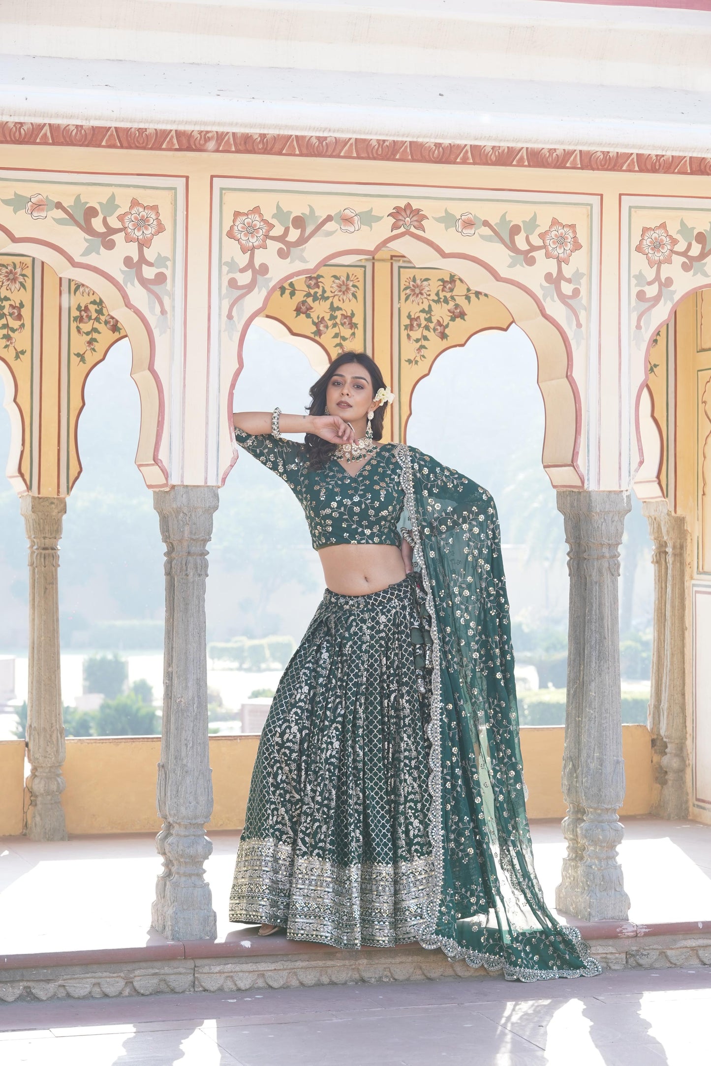 Delightful Jacquard Pink, Green And Wine Color Lehenga Choli
